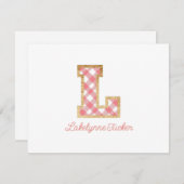Rustic & Preppy "L" Pink Gingham on Wood Girly Mitteilungskarte (Vorne/Hinten)