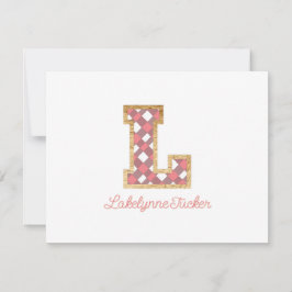 Rustic & Preppy "L" Pink Gingham on Wood Girly Mitteilungskarte