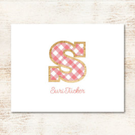 Rustic Preppy Monogram "S" Pink Gingham Wood Girl Mitteilungskarte