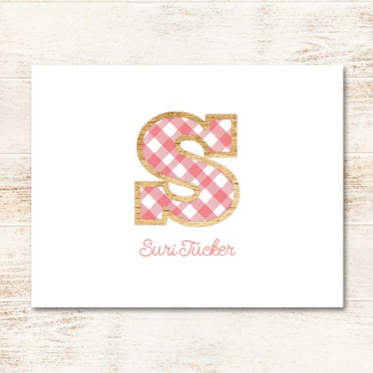 Rustic Preppy Monogram "S" Pink Gingham Wood Girl Mitteilungskarte