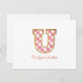 Rustic Preppy Monogram "U" Pink Gingham Wood Girly Mitteilungskarte (Vorne/Hinten)