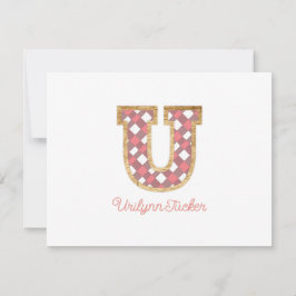 Rustic Preppy Monogram "U" Pink Gingham Wood Girly Mitteilungskarte