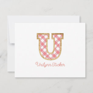 Rustic Preppy Monogram "U" Pink Gingham Wood Girly Mitteilungskarte