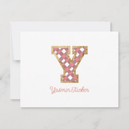 Rustic & Preppy "Y" Pink Gingham on Wood Girly Mitteilungskarte