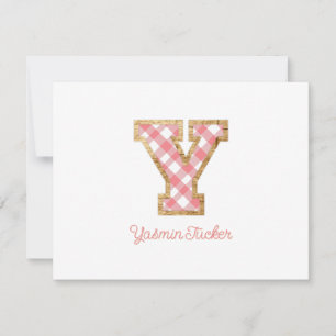 Rustic & Preppy "Y" Pink Gingham on Wood Girly Mitteilungskarte