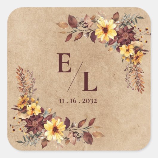 Rustic Pretty Autumn Fall Floral Monogram Wedding Quadratischer Aufkleber (Vorderseite)