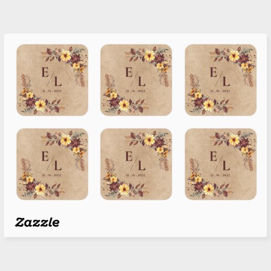 Rustic Pretty Autumn Fall Floral Monogram Wedding Quadratischer Aufkleber (Blatt)