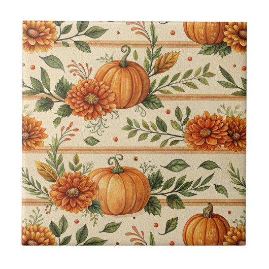 Rustic Pumpkin and Chrysanthemum Autumn Pattern Fliese (Vorderseite)