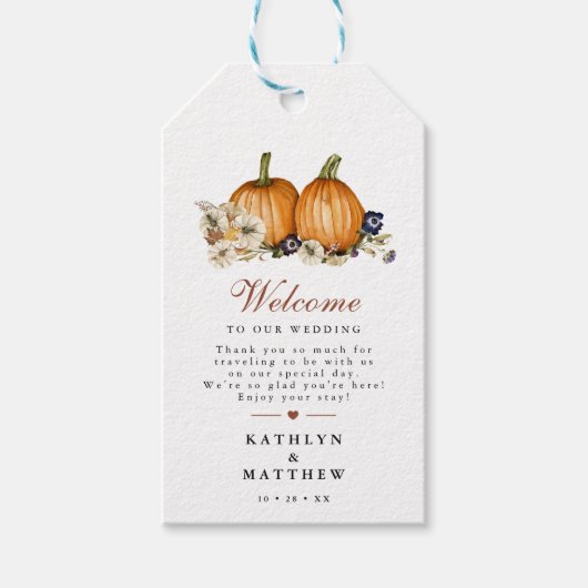 Rustic Pumpkin Botanischer Herbst Hochzeit Willkom Geschenkanhänger (Vorderseite)