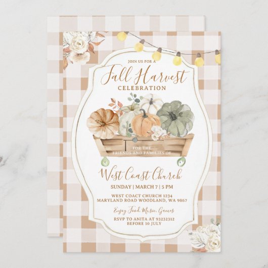 Rustic Pumpkin Brown Gingham Fall Harvest Party Einladung (Vorne/Hinten)
