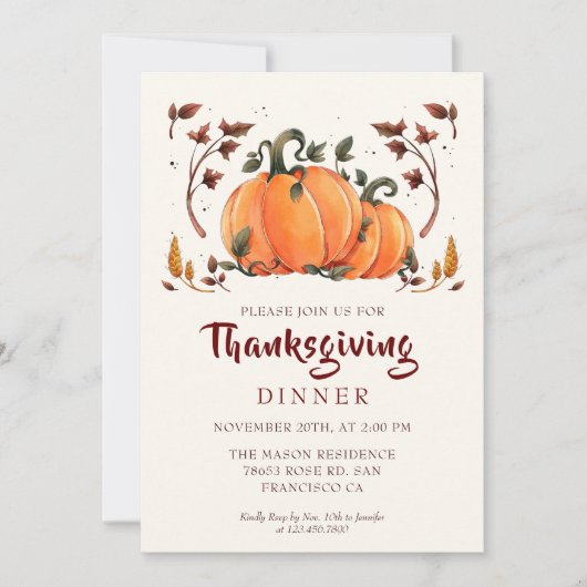 Rustic Pumpkin Erntedank Dinner Einladung (Vorderseite)