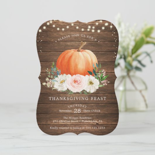 Rustic Pumpkin Erntedank Dinner Einladung (Stehend Vorderseite)