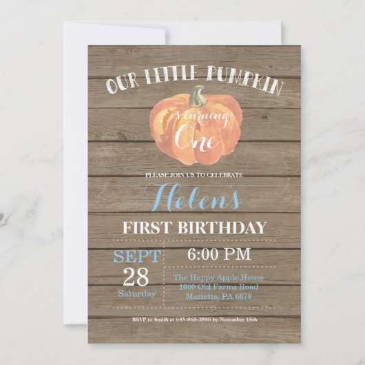 Rustic Pumpkin Erster Geburtstag Einladung Blau (Vorderseite)
