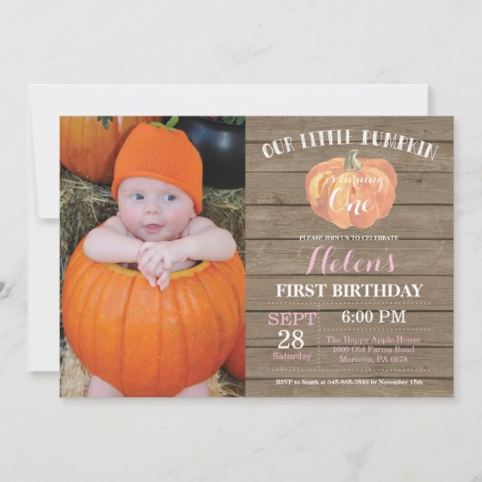 Rustic Pumpkin Erster Geburtstag Einladung Pink (Vorderseite)