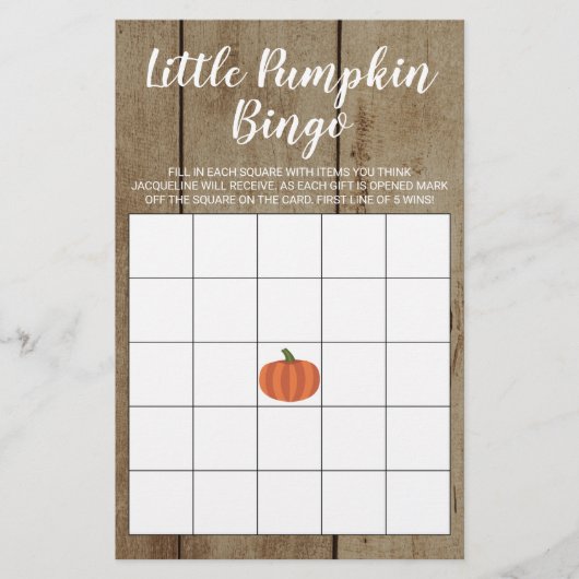 Rustic Pumpkin Fall Baby Duschgeschenk Bingo Card (Vorderseite)