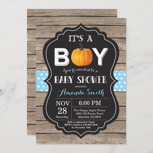 Rustic Pumpkin Fall Blue Baby Dusche Einladung (Vorne/Hinten)