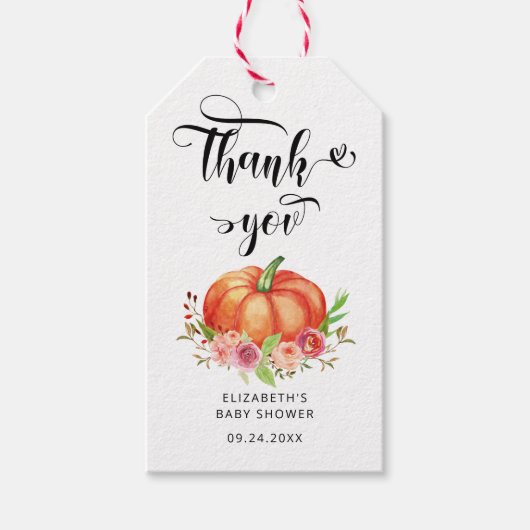 Rustic Pumpkin Fall Floral Baby Dusche Dank Geschenkanhänger (Vorderseite)