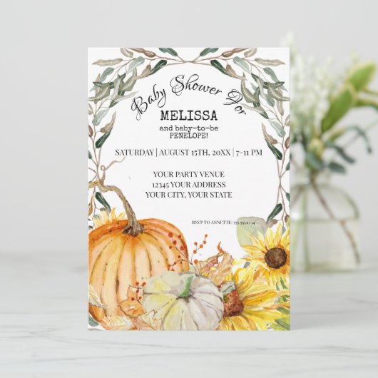 Rustic Pumpkin Farm Sonnenblumen Foliage Babydusch Einladung (Stehend Vorderseite)