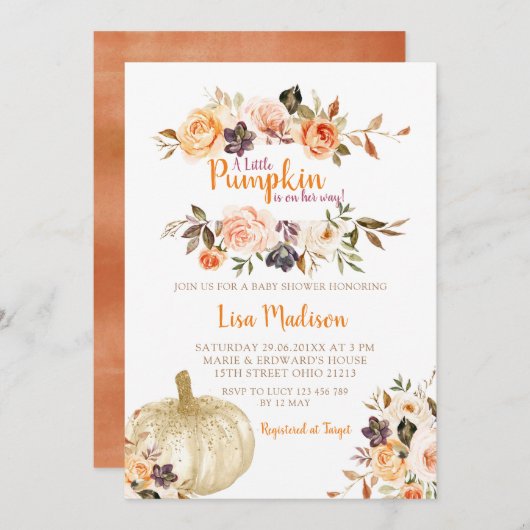 Rustic Pumpkin Floral Baby Dusche Einladung (Vorne/Hinten)