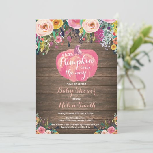 Rustic Pumpkin Floral Girl Baby Dusche Einladung (Stehend Vorderseite)