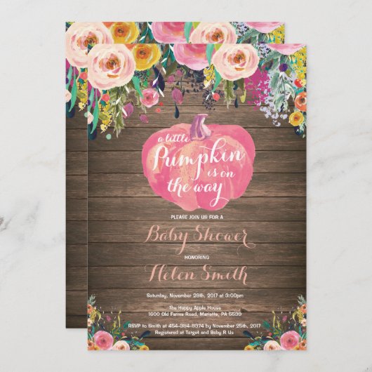 Rustic Pumpkin Floral Girl Baby Dusche Einladung (Vorne/Hinten)