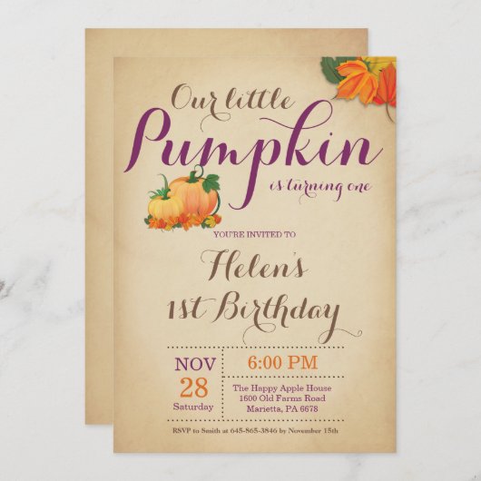 Rustic Pumpkin Geburtstag Einladung ersten Tag (Vorne/Hinten)