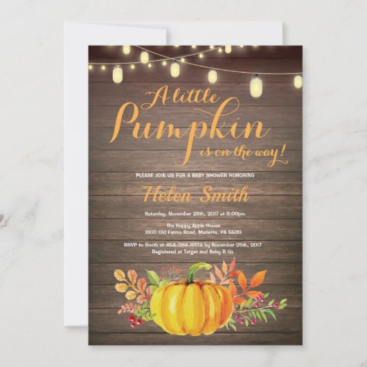 Rustic Pumpkin Mason Jar String Lights Baby Dusche Einladung (Vorderseite)