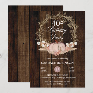 Rustic Pumpkin Pampas Wreath 40. Geburtstag Party Einladung