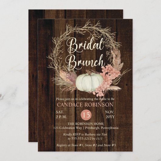 Rustic Pumpkin Pampas Wreath Bridal Brunch Dusche Einladung (Vorne/Hinten)