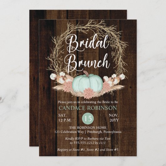 Rustic Pumpkin Pampas Wreath Bridal Brunch Einladu Einladung (Vorne/Hinten)
