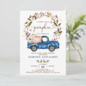Rustic Pumpkin Truck Classic Blue Baby Dusche Einladung (Stehend Vorderseite)