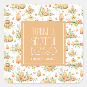 Rustic Pumpkin Verlasse dankbare dankbare, dankbar Quadratischer Aufkleber