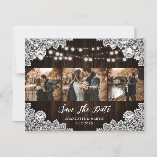 Rustic Purple Blue Floral Lace 3 Photo Wedding Save The Date (Vorderseite)