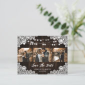Rustic Purple Blue Floral Lace 3 Photo Wedding Save The Date (Stehend Vorderseite)
