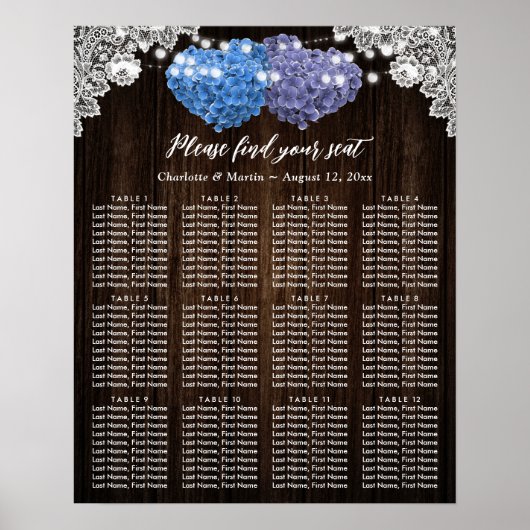 Rustic Purple Blue Floral Wedding Seating Chart 12 Poster (Vorne)