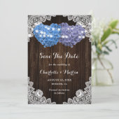 Rustic Purple Blue Hydrangea Rustic Wood Wedding Save The Date (Stehend Vorderseite)