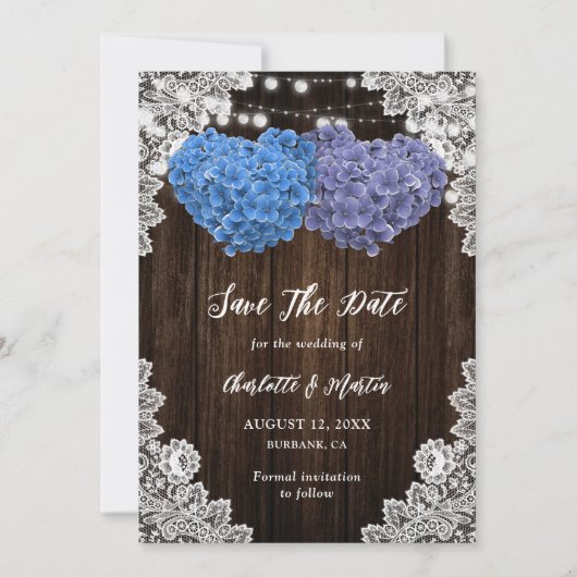 Rustic Purple Blue Wood Lights Lace Floral Wedding Save The Date (Vorderseite)