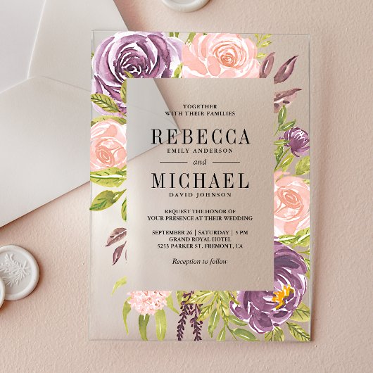 Rustic Purple Blush Pink Floral Wedding Acryleinladungen
