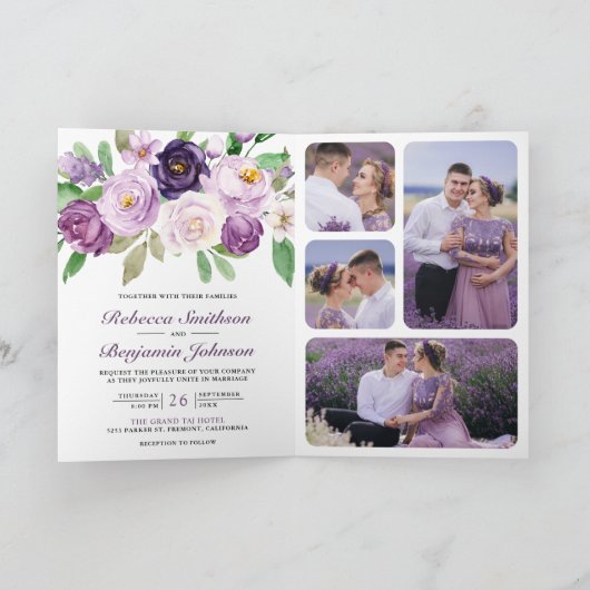 Rustic Purple Floral All in One QR Code Wedding Einladung (Innenseite)