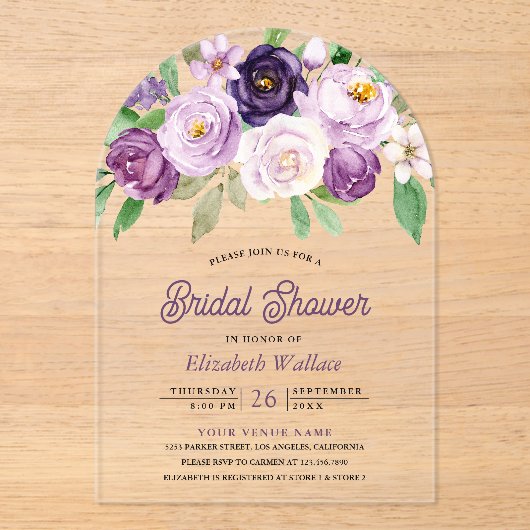 Rustic Purple Floral Bridal Shower Acryleinladungen (Vorderseite)