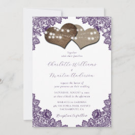 Rustic Purple Floral Lace Burlap Hearts Wedding Einladung