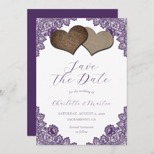 Rustic Purple Floral Lace Burlap Hearts Wedding Save The Date (Vorne/Hinten)