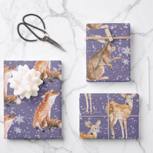 Rustic Purple Grape Elegant Snowy Winter Animals Geschenkpapier Set (Vorderseite)