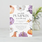 Rustic Purple Orange White Pumpkin Baby Shower Einladung (Stehend Vorderseite)