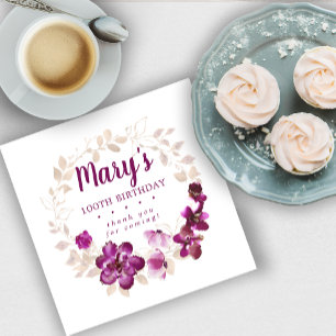 Rustic Purple Pink Floral 100th Birthday Thank You Serviette