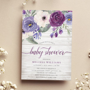 Rustic Purple Watercolor Floral Girl Baby Shower Einladung