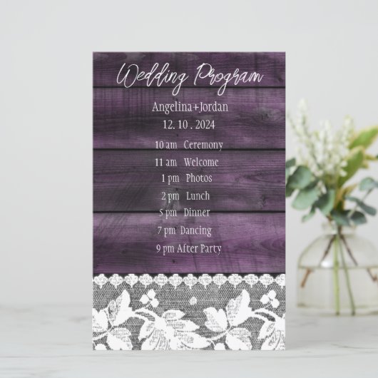 Rustic purple wood &lace- Program Paper Sheet (Stehend Vorderseite)