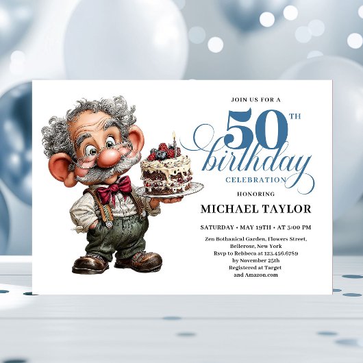 Rustic Quirky Man 50th Birthday Whimsical Humor Einladung