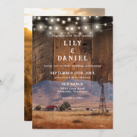 Rustic Ranch Barn Wood String Lights Photo Wedding Einladung (Vorne/Hinten)