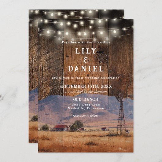Rustic Ranch Barn Wood String Lights Wedding Einladung (Vorne/Hinten)